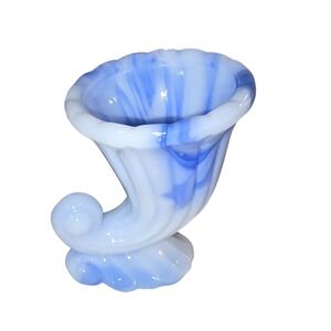 Vintage Blue Slag Glass Cornucopia Toothpick Holder/Vase